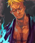  blonde_hair blue_eyes blue_fire dutch_angle fire jolly_roger lips looking_away male marco muscle one_piece open_clothes open_shirt pirate purple_shirt short_hair smile smirk solo tattoo tsuyomaru white_eyes 