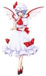  1girl ascot bat_wings bow finger_to_chin hat hat_ribbon lavender_hair looking_at_viewer mob_cap natsume_k parted_lips puffy_short_sleeves puffy_sleeves red_eyes remilia_scarlet ribbon sash short_hair short_sleeves simple_background skirt skirt_set solo touhou white_background wings wrist_cuffs 