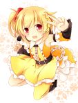  belt blonde_hair bow detached_sleeves kisaragi_attention_(vocaloid) kisaragi_momo leeannpippisum looking_at_viewer microphone open_mouth red_eyes shoes short_hair side_ponytail single_thighhigh solo thigh-highs thighhighs v vocaloid yellow_legwear 