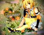  belt blonde_hair detached_sleeves high_heels ichinose_yukino kisaragi_attention_(vocaloid) kisaragi_momo looking_at_viewer red_eyes shoes short_hair side_ponytail single_thighhigh sitting solo thigh-highs thighhighs vocaloid wink yellow_legwear 