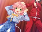  2girls :d blush eyebrows_visible_through_hair game_cg hand_on_another&amp;#039;s_head hand_on_own_head long_sleeves open_mouth pink_hair red_clothes sakura_no_reply tagme tsukimori_chiyoko 