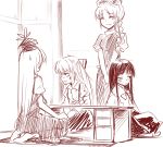  bow braid closed_eyes desk dress eyes_closed fujiwara_no_mokou hair_bow hat houraisan_kaguya kamishirasawa_keine long_hair miyo_(ranthath) multiple_girls nurse_cap pants single_braid sketch suspenders sweatdrop touhou wince yagokoro_eirin 