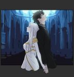  1girl back-to-back black_eyes black_hair church couple dress emiya_kiritsugu fate/zero fate_(series) hasuha_makoto husband_and_wife irisviel_von_einzbern long_hair white_hair 