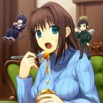  2girls aozaki_aoko black_hair blue_eyes brown_hair eating kuonji_alice mahou_tsukai_no_yoru multiple_girls shizuki_soujuurou shouhei shoulder_angel shoulder_devil spoon sweater 