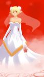  1girl blonde_hair bob_cut bouquet breasts bridal_veil charmwitch cleavage disgaea dress earrings elbow_gloves flower gloves jewelry nippon_ichi red_eyes salome short_hair solo strapless_dress veil wedding_dress white_dress white_gloves 