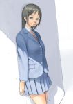  against_wall brown_hair lips necktie original pleated_skirt school_uniform skirt solo standing taruya 