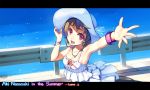  :d armpits artist_name bare_shoulders bracelet breasts brown_hair character_name cleavage collarbone dress hat jewelry letterboxed lvans nanasaki_aki necklace open_mouth original outstretched_arm outstretched_hand pink_eyes purple_eyes railing short_hair smile solo sun_hat sundress violet_eyes water 