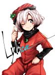  1girl adapted_costume alternate_costume black_eyes blush character_name harusame_(unmei_no_ikasumi) hat lyrica_prismriver pants red_shirt simple_background smile solo star star-shaped_pupils symbol-shaped_pupils touhou white_background white_hair wink 