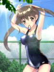  brown_eyes brown_hair chainlink_fence fence highres long_hair mouth_hold original school_swimsuit shiny shiny_clothes swimsuit tenmitsuyuka twintails 