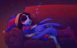  1boy 1girl brown_hair colored_skin couch couple furry furry_male gloves hat hetero hug jax_(the_amazing_digital_circus) jester jester_cap lying miat24430 on_back on_couch on_lap on_stomach overalls pomni_(the_amazing_digital_circus) rabbit_boy short_hair sleeping the_amazing_digital_circus white_skin 