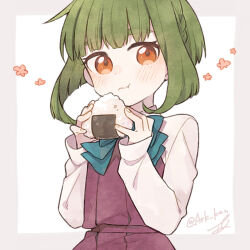 1girl :t ark_kan blue_bow blue_bowtie blunt_bangs blush bow bowtie closed_mouth commentary dress eating flower_symbol food green_hair holding holding_food kantai_collection long_sleeves looking_at_viewer onigiri orange_eyes purple_dress shirt short_hair signature simple_background sleeveless sleeveless_dress sleeves_past_wrists solo takanami_(kancolle) twitter_username upper_body white_shirt 