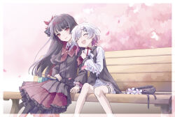  2girls armband belt bench beret black_capelet black_choker black_coat black_hair black_hat black_pantyhose black_shirt black_skirt border capelet cherry_blossoms choker closed_eyes coat collared_coat collared_shirt crown falling_petals fang flower flower-trimmed_shorts flower-trimmed_sleeves gift gloves gradient_hair hair_flower hair_ornament hat hat_flower hat_ribbon highres holding holding_gift holding_hands layered_skirt leaning_on_person long_hair long_skirt long_sleeves mahou_shoujo_no_majo_saiban multicolored_hair multiple_girls neck_ribbon necktie nikaido_hiro open_mouth pantyhose petals pink_hair pleated_skirt puffy_sleeves pusuttona red_armband red_eyes red_flower red_necktie red_skirt ribbon sakuraba_ema shirt short_hair side_capelet sitting skirt sleeveless sleeveless_coat smile thigh_strap unworn_hat unworn_headwear white_border white_flower white_gloves white_hair white_ribbon white_shirt white_sleeves x_hair_ornament yuri 