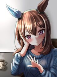  1girl admire_vega_(casual)_(umamusume) admire_vega_(umamusume) animal_ears blue_sweater blush breasts brown_hair casual closed_mouth commentary cup ear_covers hair_between_eyes hand_on_own_cheek hand_on_own_face head_rest horse_ears horse_girl jewelry long_hair long_sleeves ring single_ear_cover smile solo steaming_cup sweater tofu_thunder umamusume untranslatable_commentary violet_eyes wedding_ring 