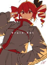  1girl 4b-enpitsu ahoge black_ribbon brain_rot_(synthesizer_v) closed_mouth commentary drill_hair english_commentary glitch grey_jacket hair_ribbon hand_on_own_hip hand_up highres jacket kasane_teto kasane_teto_(sv) long_sleeves looking_at_viewer red_eyes red_hair ribbon simple_background solo synthesizer_v twin_drills utau white_background 
