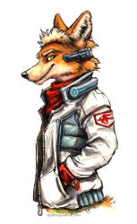  1boy animal_ears artist_name brown_fur commentary deviantart_username english_commentary fox_boy fox_ears fox_mccloud furry furry_male green_eyes hands_in_pockets highres jacket kenket simple_background solo star_fox upper_body web_address white_background white_jacket 