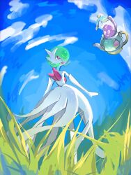  2others acb_404 bad_id bad_twitter_id blue_sky bob_cut colored_skin dress elbow_gloves gardevoir ghost gloves grass green_hair hair_over_one_eye highres mega_gardevoir mega_pokemon multiple_others outdoors pokemon pokemon_(creature) polteageist sky smile white_dress white_gloves white_skin 