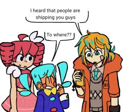  1boy 2girls ahoge aqua_eyes aqua_hair aqua_necktie aqua_streaks black_eyes blonde_hair blush bow brown_hoodie closed_eyes closed_mouth commentary creator_connection dapperz dress drill_hair ego_renegade_boy_(vocaloid) english_text hair_bow hatsune_miku hood hoodie jacket kagamine_len kasane_teto kasane_teto_(sv) long_sleeves looking_at_another multicolored_hair multiple_girls necktie orange_jacket pink_dress red_hair short_hair simple_background speech_bubble spoken_for_(synthesizer_v) static_(vocaloid) streaked_hair sweatdrop synthesizer_v twin_drills upper_body utau vocaloid white_background white_bow 