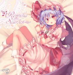 1girl ascot back_bow bat_wings blue_hair blush bow character_name commentary_request fang frilled_wrist_cuffs frills hat hat_ribbon highres kemo_chiharu looking_at_viewer lying medium_hair mob_cap on_side pink_hat pink_shirt pink_skirt pointy_ears red_ascot red_bow red_eyes red_wrist_cuffs remilia_scarlet ribbon ribbon-trimmed_skirt ribbon_trim shirt signature skirt skirt_set sleeve_bow socks solo touhou white_socks wings wrist_cuffs 