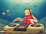  bad_id coral dj fish green_eyes headphones heterochromia jack_plug jacket mixer no_humans ocean original phonograph record red_eyes starfish sunlight turtle zipper 