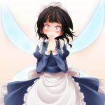  apron black_hair blue_eyes blush embarrassed fairy fairy_maid fairy_wings highres maid_headdress s-syogo short_hair solo touhou wavy_mouth wings 