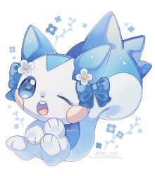  blue_bow blue_flower blush_stickers bow commentary english_text floral_background flower highres iwasi_29 light_blush looking_at_viewer no_humans one_eye_closed open_mouth pachirisu pokemon pokemon_(creature) pokemon_focus sparkle teeth twitter_username untranslatable_commentary upper_teeth_only white_background white_flower 
