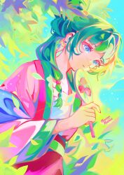  1girl artist_name beads blue_eyes chinese_clothes closed_mouth commentary dress earrings english_commentary falling_leaves green_hair hair_beads hair_intakes hair_ornament hair_over_shoulder half_updo hand_fan highres holding holding_fan jewelry kusuriya_no_hitorigoto leaf looking_at_viewer maomao_(kusuriya_no_hitorigoto) maureenmachine pink_dress solo upper_body wide_sleeves 