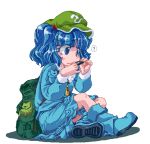  ? backpack bag blue_eyes blue_hair gaia_memory hair_bobbles hair_ornament hat kawashiro_nitori key lowres maman pixel_art short_hair short_twintails simple_background sitting skirt solo touhou twintails white_background 