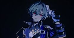  1boy ahoge armor belt belt_collar black_background black_belt black_gloves blue_gloves blue_shirt choker coat collar collared_shirt commentary dark_background earrings genshin_impact gloves green_hair gun hair_between_eyes hair_intakes hand_up holding holding_gun holding_weapon jewelry kunnyan224588 lohen_(genshin_impact) long_sleeves looking_at_viewer male_focus multicolored_eyes multicolored_gloves revolver shirt short_hair shoulder_armor single_earring smile solo two-tone_gloves untranslatable_commentary upper_body weapon 