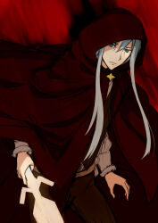  1boy aleister_crowley_(toaru_majutsu_no_index) belt brown_belt brown_pants cloak closed_mouth commentary cowboy_shot expressionless glowing glowing_sword glowing_weapon green_eyes grey_hair hair_between_eyes holding holding_sword holding_weapon hood hood_up hooded_cloak jack-barro long_hair long_sidelocks long_sleeves male_focus pants red_background red_theme sidelocks solo sword toaru_majutsu_no_index toaru_majutsu_no_index:_new_testament weapon 