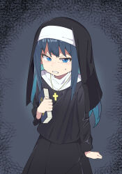  1girl angry black_hair blue_eyes blue_hair book clenched_teeth colored_inner_hair commentary_request commission cross cross_necklace glaring grey_background highres holding holding_book jewelry long_hair long_sleeves looking_at_viewer multicolored_hair necklace nun original sakana_tsuri simple_background skeb_commission solo sweatdrop teeth two-tone_hair v-shaped_eyebrows veil 