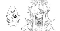  1girl arknights blush chibi chinese_commentary closed_mouth collared_shirt commentary_request greyscale hair_over_one_eye hatching_(texture) highres horns le1171838305 linear_hatching long_hair looking_at_viewer monochrome necrass_(arknights) off_shoulder one_eye_covered portrait shirt simple_background solo split_mouth trembling white_background 