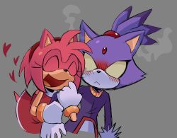  2girls amy_rose animal_ears blaze_the_cat blush cat_ears cat_girl closed_eyes commentary english_commentary forehead_jewel furry furry_female gloves grey_background heart hedgehog_girl holding_another's_arm multiple_girls rocketrrush sonic_(series) steam tail white_gloves yuri 