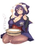  1girl absurdres angelo_(gomahangetsu) animal_ears breasts cat_ears cat_tail cleavage clothes_writing highres huge_breasts large_breasts long_hair looking_at_viewer purple_hair rice_spoon simple_background solo tail violet_eyes white_background 