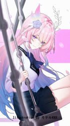  1girl alternate_costume artist_name black_skirt chinese_commentary closed_mouth commentary_request cyrene_(demiurge)_(honkai:_star_rail) cyrene_(honkai:_star_rail) english_text falling_petals flower hair_flower hair_ornament honkai:_star_rail honkai_(series) long_hair long_sleeves looking_at_viewer multicolored_hair petals pink_hair pointy_ears school_uniform shirt sitting skirt smile solo srpzk symbol-shaped_pupils very_long_hair violet_eyes white_shirt 