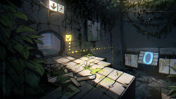  artist_name casecoded glowing halftone highres leaf moss no_humans overgrown portal_(object) portal_(series) portal_2 scenery sign 