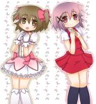  blush bow brown_eyes brown_hair company_connection cosplay costume_switch creator_connection crossover gloves hair_bow hiamari_sketch hidamari_sketch kaname_madoka kaname_madoka_(cosplay) kenjichan252 mahou_shoujo_madoka_magica multiple_girls pink_eyes pink_hair school_uniform short_hair yuno yuno_(cosplay) 