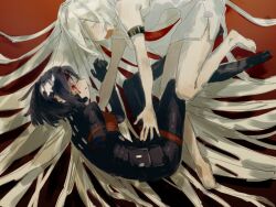  2girls ^_^ amputee android ariane_yeong bare_shoulders barefoot black_hair blood blood_from_forehead blood_on_face chinese_commentary closed_eyes commentary_request dress elster_(signalis) from_above full_body hair_spread_out long_hair lying multiple_girls on_side open_mouth outstretched_arms reaching red_background short_hair signalis sleeveless sleeveless_dress taixianzhiwu69728 white_dress white_hair 