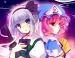  back-to-back blue_eyes blush cherry_blossoms fan folding_fan hair_ribbon hairband hat hitodama japanese_clothes k.ei konpaku_youmu konpaku_youmu_(ghost) multiple_girls open_mouth petals pink_eyes pink_hair ribbon saigyouji_yuyuko short_hair silver_hair smile touhou triangular_headpiece vest 