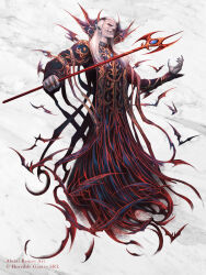  1boy aleksi_remes artist_name bat_(animal) character_request commentary_request copyright_request fangs highres holding holding_staff long_hair red_eyes solo staff 