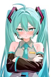  1girl :t ahoge aqua_eyes aqua_hair aqua_necktie bare_shoulders black_sleeves breasts commentary_request crossed_arms cubecat9 detached_sleeves double-parted_bangs grey_shirt hair_between_eyes hatsune_miku headphones headset long_hair looking_at_viewer necktie number_tattoo shirt simple_background small_breasts tattoo twintails very_long_hair vocaloid white_background 