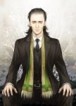  avengers black_hair formal green_eyes kanapy loki_(marvel) male marvel necktie realistic scarf sitting solo suit symmetry 