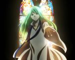  enkidu_(fate/strange_fake) fate/strange_fake fate_(series) green_eyes green_hair long_hair male outstretched_arm outstretched_hand ronpa96pepe solo stained_glass 