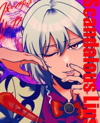  1girl akatsuki_records bow commentary_request english_text grey_hair highres jacket kishin_sagume looking_at_viewer one_eye_closed open_clothes open_jacket parted_lips purple_shirt red_bow red_eyes shirt short_hair shouki_desu smile solo touhou 