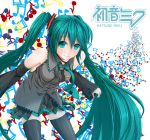  character_name detached_sleeves green_eyes green_hair hatsune_miku headset leaning_forward long_hair musical_note necktie skirt smile solo soruto thigh-highs thighhighs twintails very_long_hair vocaloid 