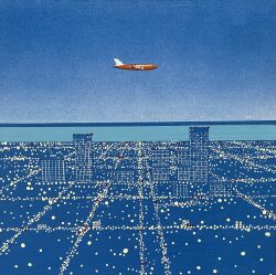  aircraft airplane blue_sky blue_theme building city_lights cityscape clear_sky commentary_request highres hiroshi_nagai horizon night no_humans original outdoors sky skyscraper traditional_media 