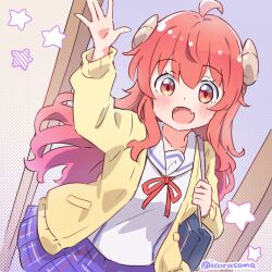  1girl :d ahoge blush brown_horns commentary_request curled_horns demon_horns fang highres horns icorasama jacket long_hair long_sleeves looking_at_viewer machikado_mazoku open_mouth plaid_clothes plaid_skirt purple_skirt red_eyes red_hair school_uniform shirt skin_fang skirt smile solo star_(symbol) twitter_username white_shirt yellow_jacket yoshida_yuuko 