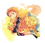 1boy brown_eyes brown_hair butterfly embarrassed floating highres jacket king_(nanatsu_no_taizai) looking_at_viewer nanatsu_no_taizai shoes short_hair simple_background solo sundaypeople9 white_background 