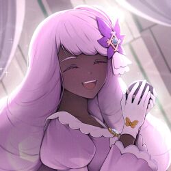  1girl :d amo_(bbamo_bbm) blurry blurry_background bow closed_eyes commentary_request dark-skinned_female dark_skin eyelashes glove_bow gloves hands_up happy highres holding holding_poke_ball jacinthe_(pokemon) long_sleeves luxury_ball open_mouth poke_ball pokemon pokemon_legends:_z-a puffy_sleeves purple_shirt shirt smile solo teeth upper_body upper_teeth_only white_gloves yellow_bow 