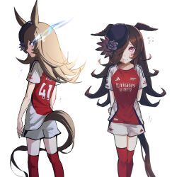  1girl absurdres adidas animal_ears arms_behind_back arsenal_fc brown_hair closed_mouth commentary declan_rice ears_down eye_trail flower flying_sweatdrops hair_over_one_eye hat highres horse_ears horse_girl horse_tail light_trail name_connection pants premier_league red_eyes red_socks rice_shower_(umamusume) shironism shy soccer_uniform socks sportswear tail two-tone_shirt umamusume white_pants 