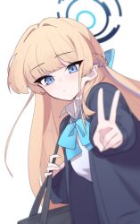  1girl absurdres bag blonde_hair blue_archive blue_bow blue_bowtie blue_cardigan blue_eyes blue_halo blue_streaks blurry bow bowtie braid cardigan collared_shirt commentary depth_of_field expressionless from_side hair_bow half_up_braid halo highres holding_strap light_blush long_hair long_sleeves looking_at_viewer looking_to_the_side loose_bowtie making-of_available multicolored_hair official_alternate_costume open_collar pfiff school_bag school_uniform shirt simple_background solo streaked_hair toki_(blue_archive) toki_(school_uniform)_(blue_archive) upper_body v white_background white_shirt 